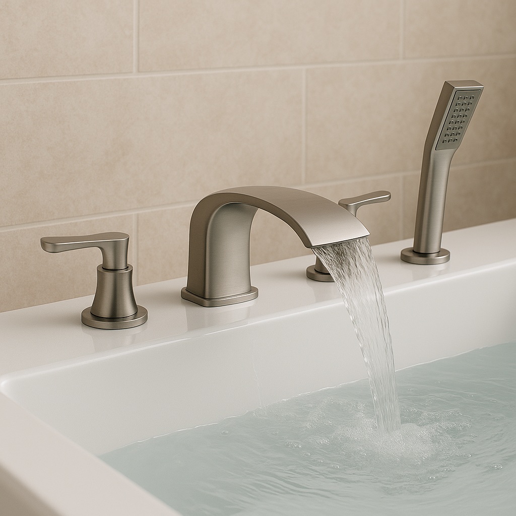 Fontana Abruzzo chrome waterfall bathtub mixer on deck with three handles
